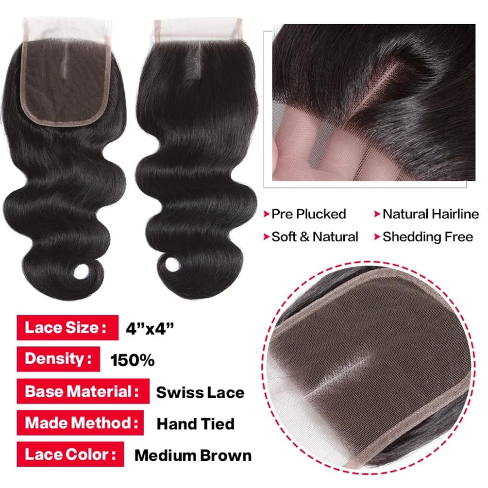 Brazilian Body Wave Human Hair 3 Bundles With 4X4 Lace Closure (20 22 24+18C) 12A 100% Unprocessed Virgin Human Hair Weave Bundl