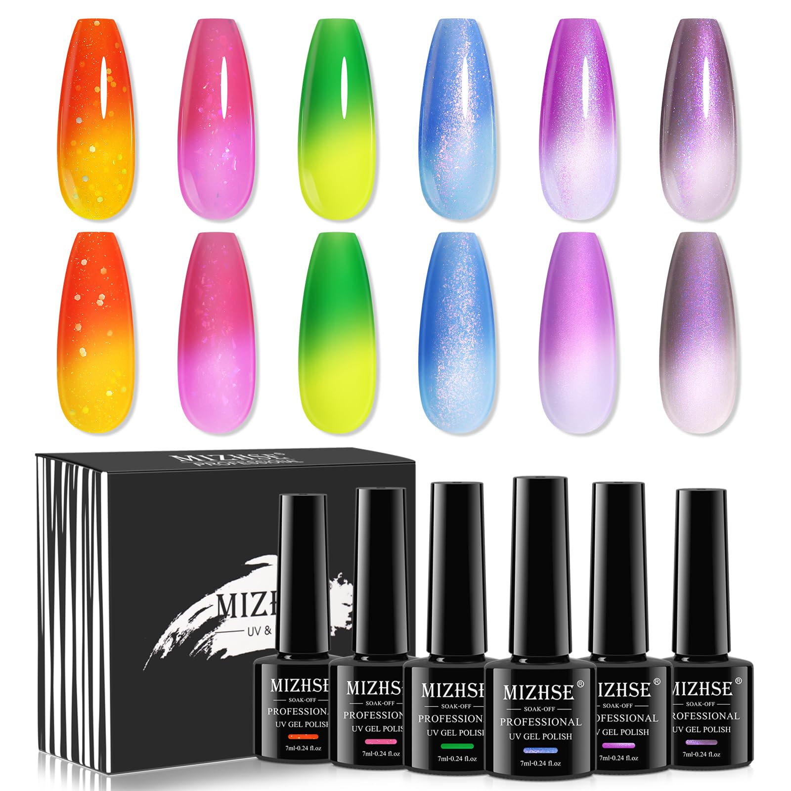 MIZHSE Color Changing Gel Nail Polish, 6 Colors Pearl Aurora Thremal Mood Changing Gel Polish Temperature Changing Soak Off Nail