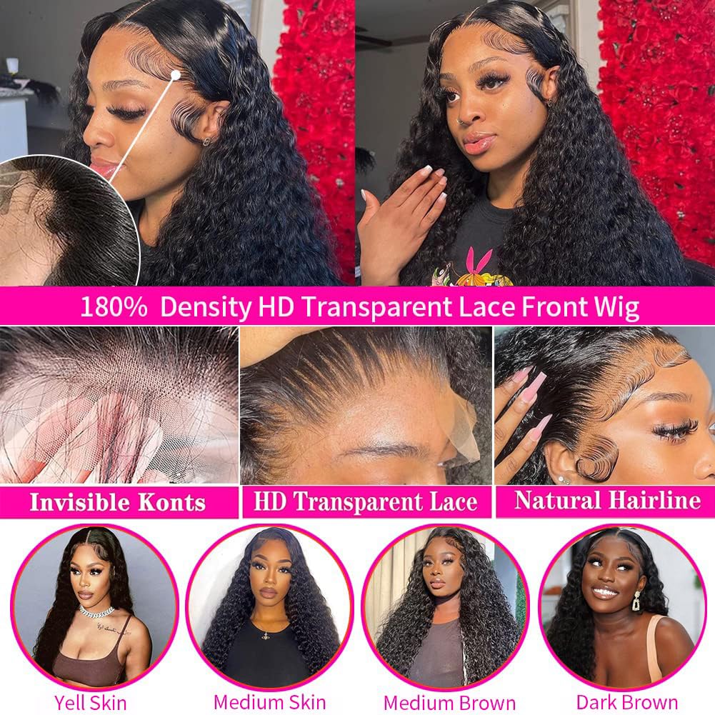 Hswpawk 13X6 Deep Wave Lace Front Wigs Human Hair Hd Transparent Lace Front Wigs Deep Wave Glueless Wigs Human Hair Pre Plucked
