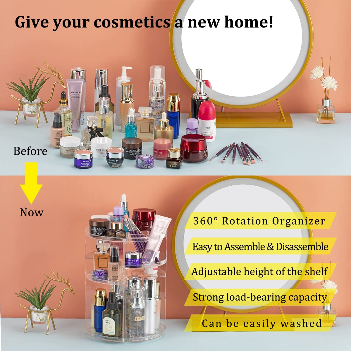 Argox 360 Rotating Makeup Organizer, Skincare Storage Box, Cosmetic Display Case With Brush Holder Perfume Tray, Multifunctional