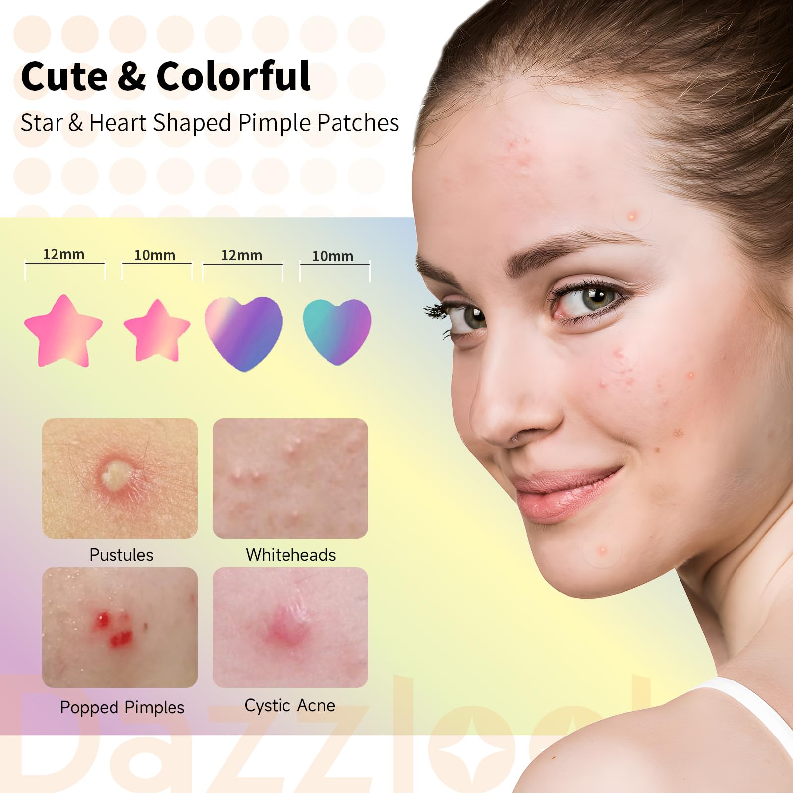 Dazzlook Star Acne Patch with Salicylic Acid Tea Tree Oil & Centella Asiatica, Hydrocolloid Pimple Stickers Iridescent Colors 96