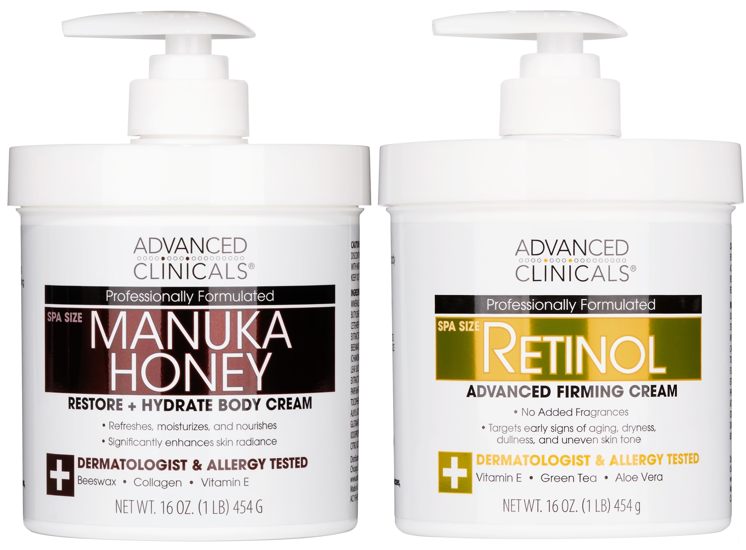 Advanced Clinicals Unscented Retinol Body Lotion & Face Moisturizer + Manuka Honey Body Cream For Women & Men | 2PC Skincare Set