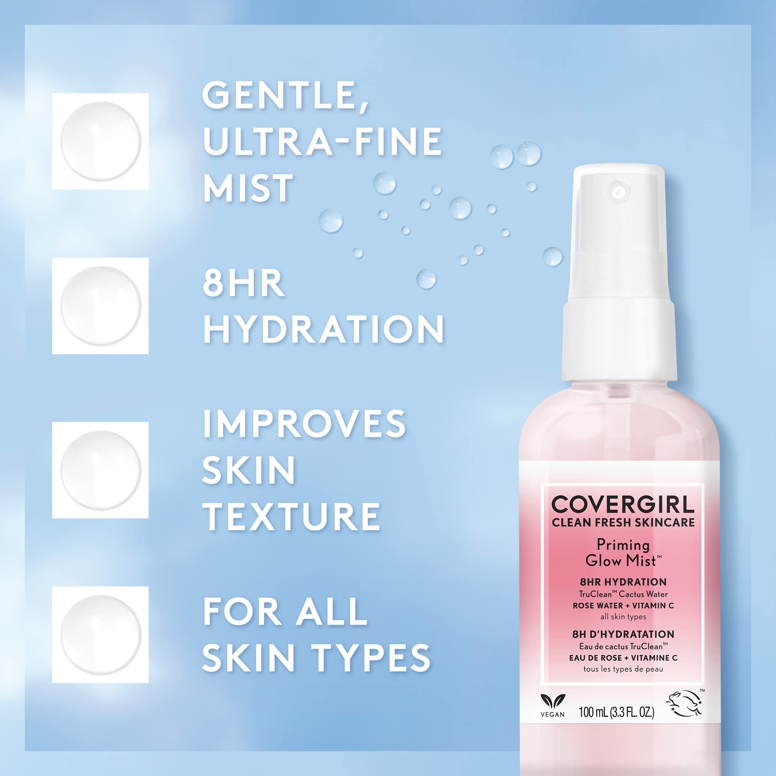 Covergirl Clean Fresh Skincare Priming Glow Facial Mist With Rose Water And Vitamin C, 3.3 Fl Oz