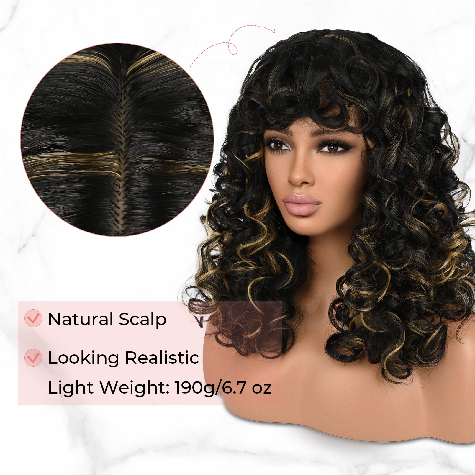 LONAI Curly Wig with Bangs for Women Long Black Hair Kinky Wigs with Golden Blonde Highlights WIG001 Curly Shag Synthetic Wig fo