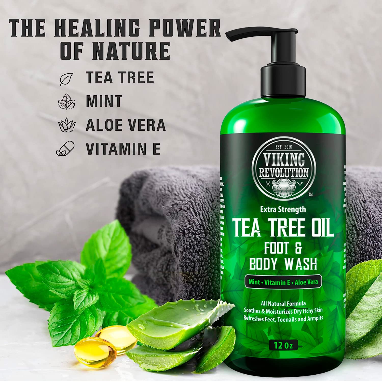 Viking Revolution Tea Tree Oil Body Wash Soap for Men - Helps Athlete's Foot, Toenail, Jock Itch, Eczema, Ringworm & Body Odors