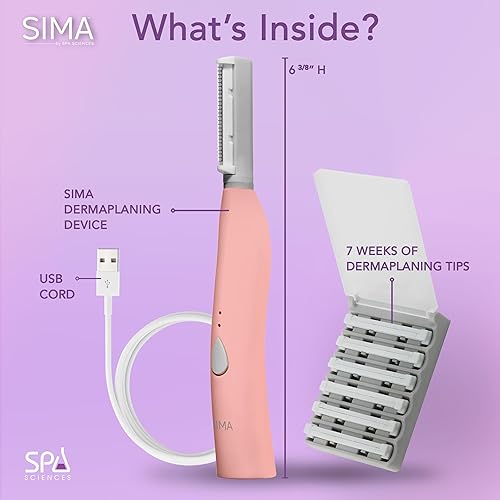 SPA SCIENCES SIMA Sonic Dermaplaning Tool - Painless Facial Exfoliation, 3 Speeds, Rechargeable, Pink, Stainless Steel, Model 860021001123