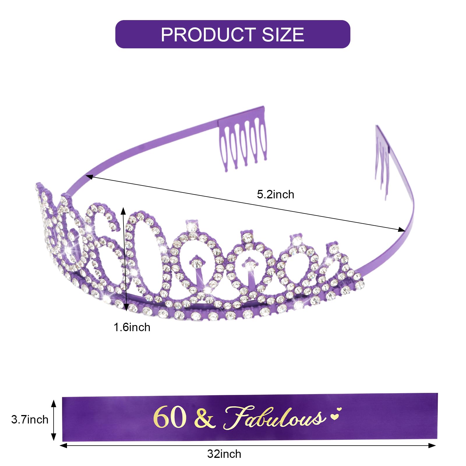 Cieher 60Th Birthday Gifts For Women, Purple 60Th Birthday Crown + 60 & Fabulous Birthday Sash, Purple 60Th Birthday Decorations