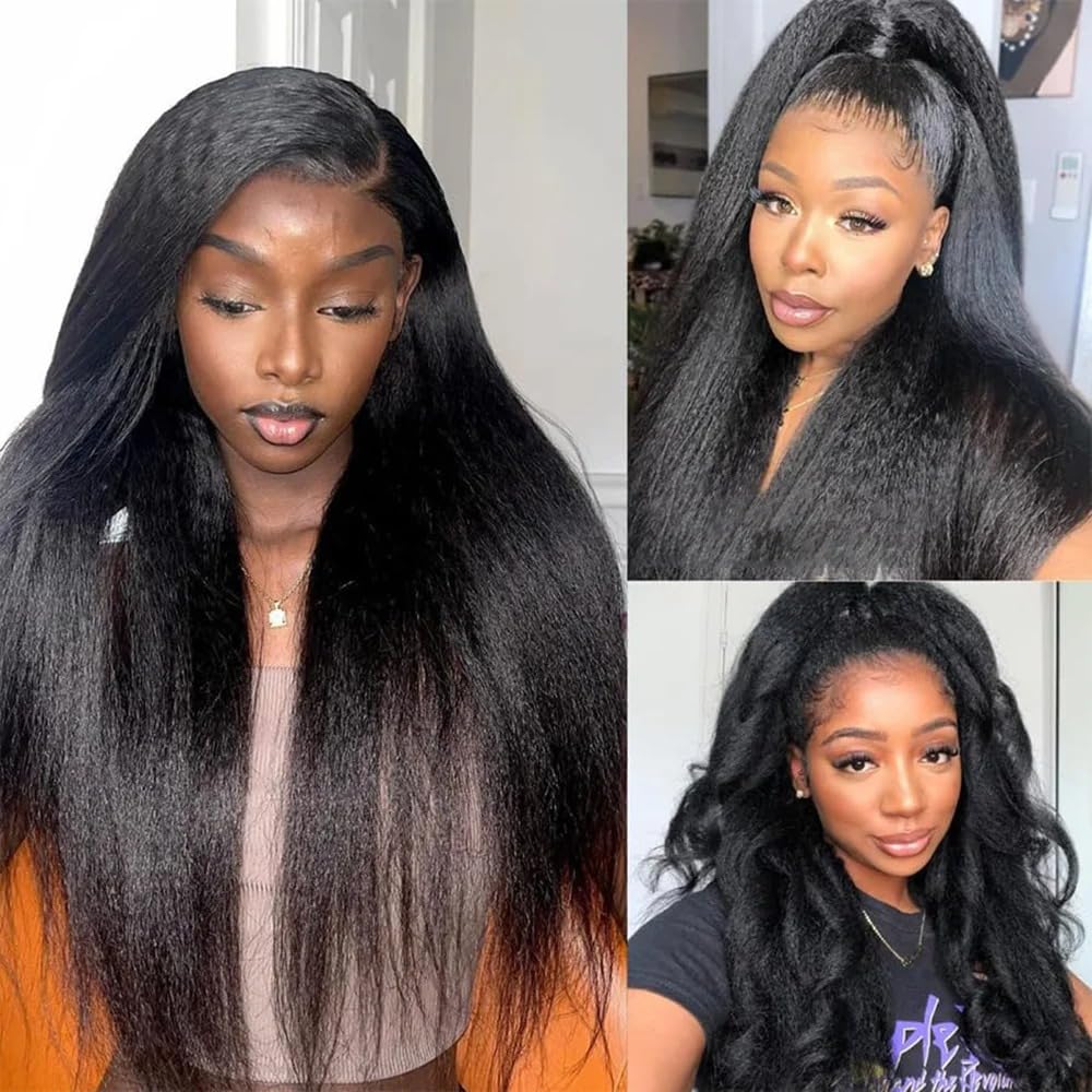 Beauhair Kinky Straight Human Hair Wig 4x4 Transparent Lace Closure Kinky Straight Wigs 180% Density Yaki Glueless Wigs Human Ha