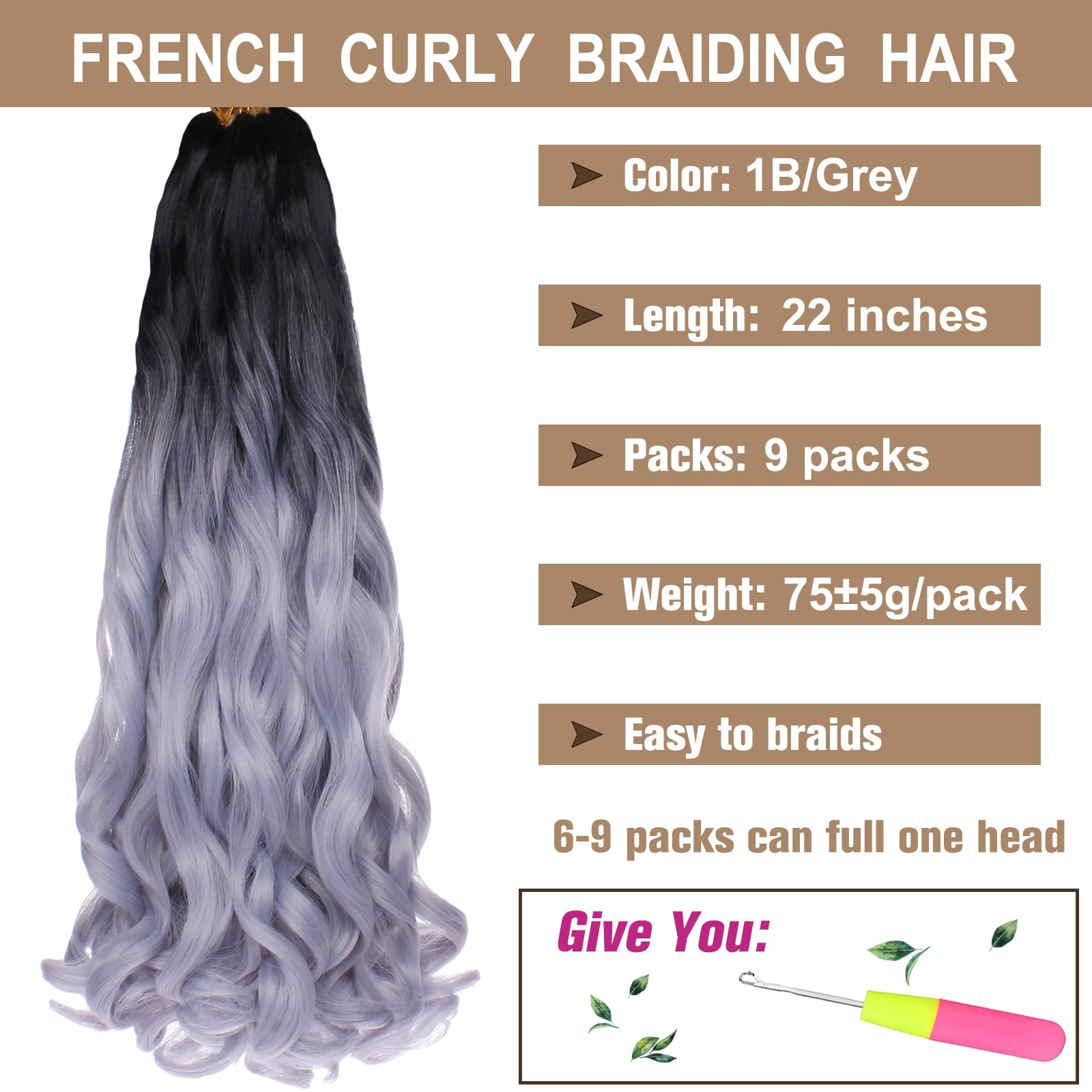 COOKOO 9 Packs 22 Inch Pre-stretched Ombre Grey French Curls Braiding Hair Spanish Curly Braids Hair Wavy Crochet Braids Hair Lo