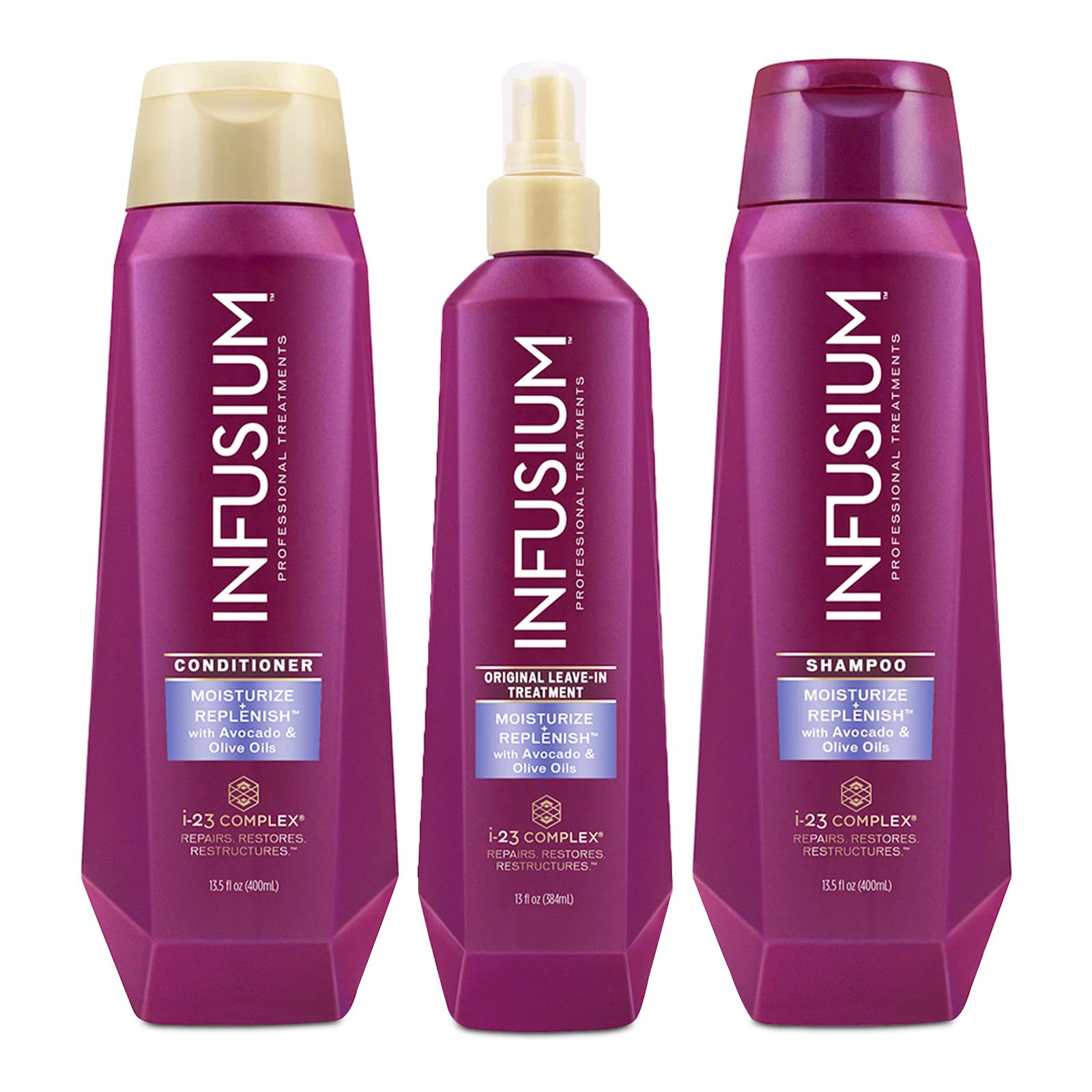 Infusium Professional Shampoo, Conditioner and Leave-In Treatment Set - Moisturize and Replenish - Avocado & Olive Oil, 3 13.5oz