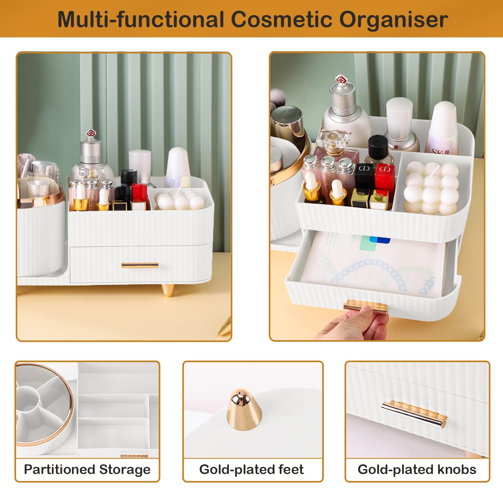 Rotating Makeup Organizer for Vanity with Brush Holder and Drawer, Cosmetic Makeup Storage, Large Spinning Makeup Skincare Organ