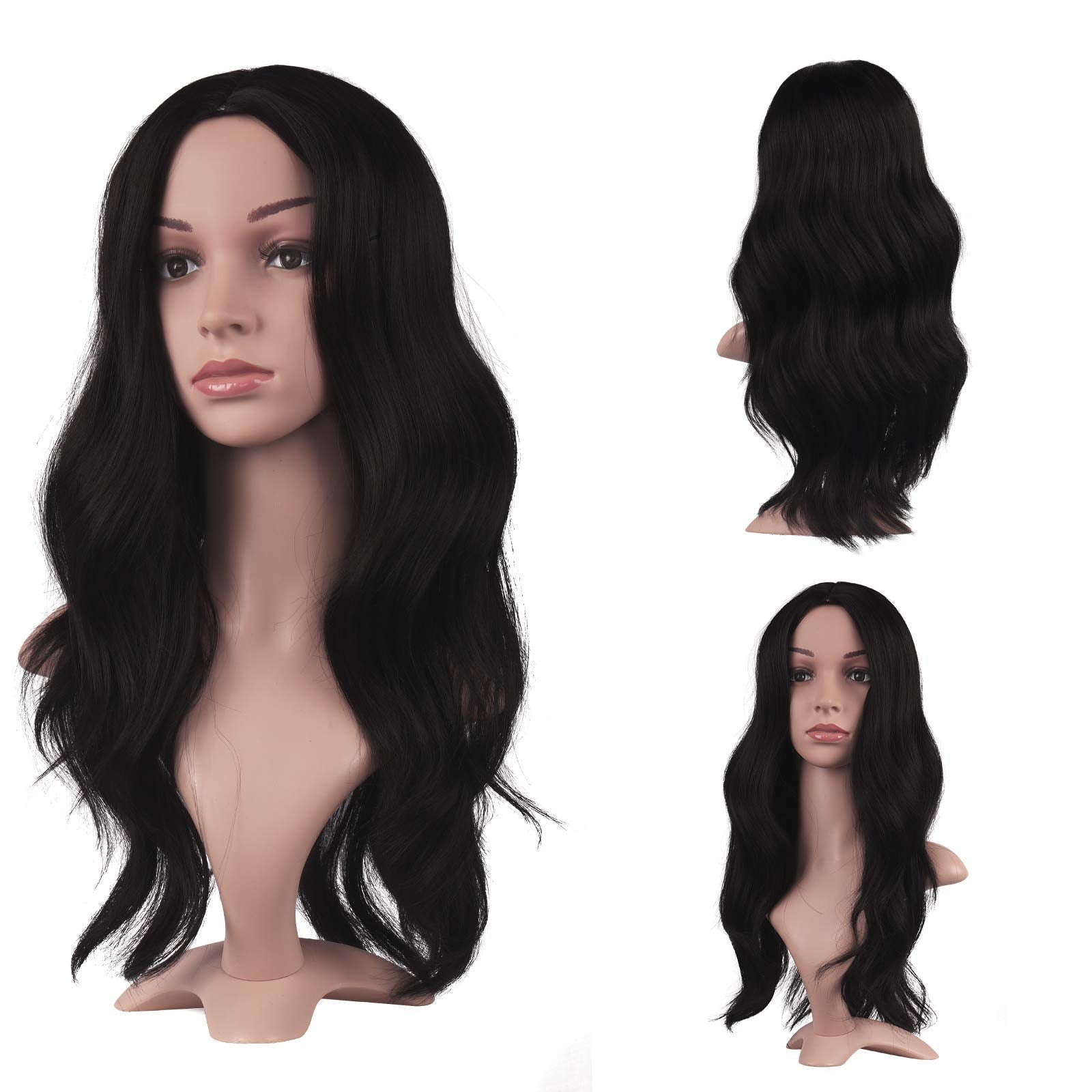 Feshfen Long Black Wigs For Women 22 Inch Curly Wavy Full Wig Middle Parting Wigs Natural Looking Synthetic Wig Extensions For D