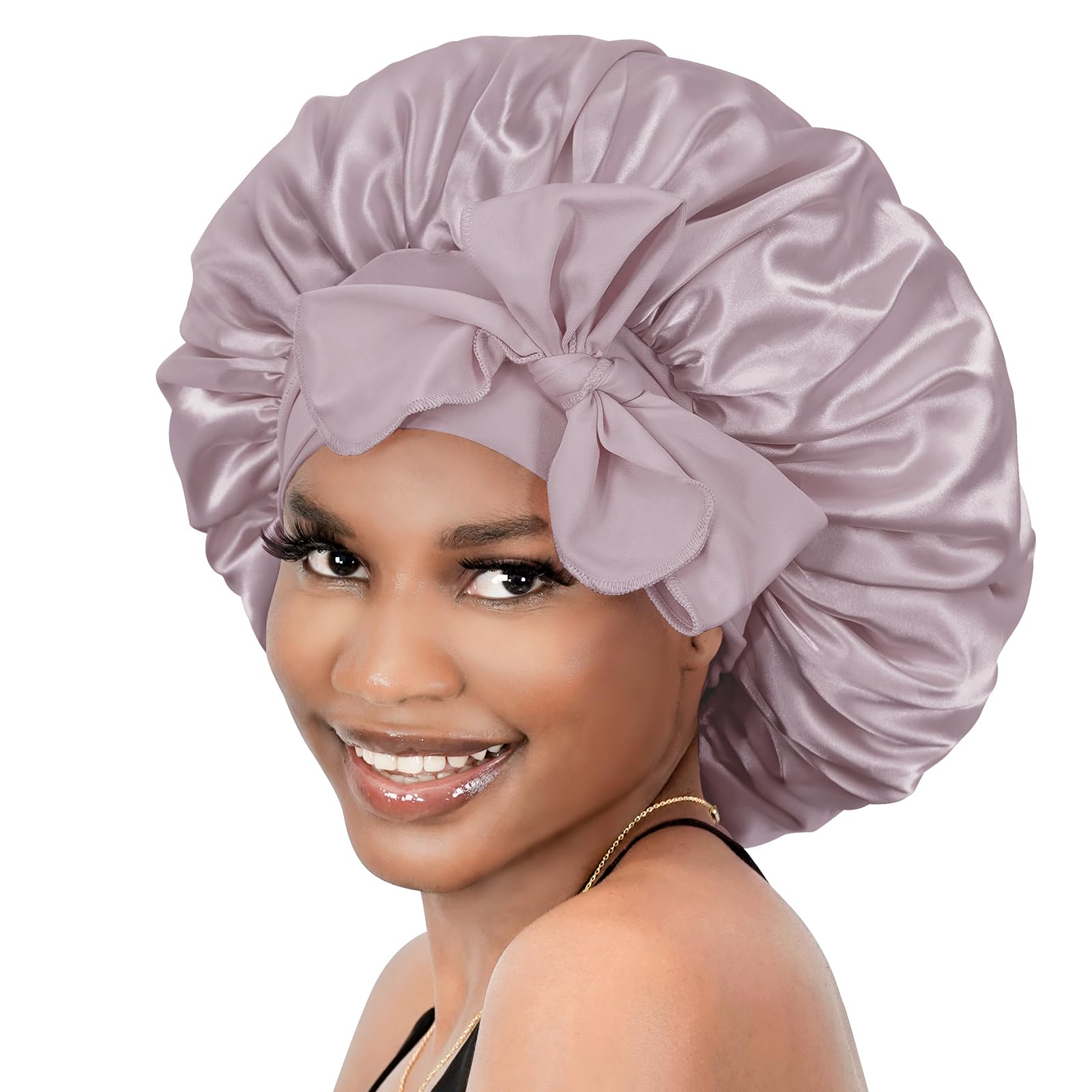 BONNET QUEEN Silk Bonnet for Sleeping Women Satin Bonnet Hair Bonnet Night Sleep Cap for Curly Hair with tie Band Lilac Grey