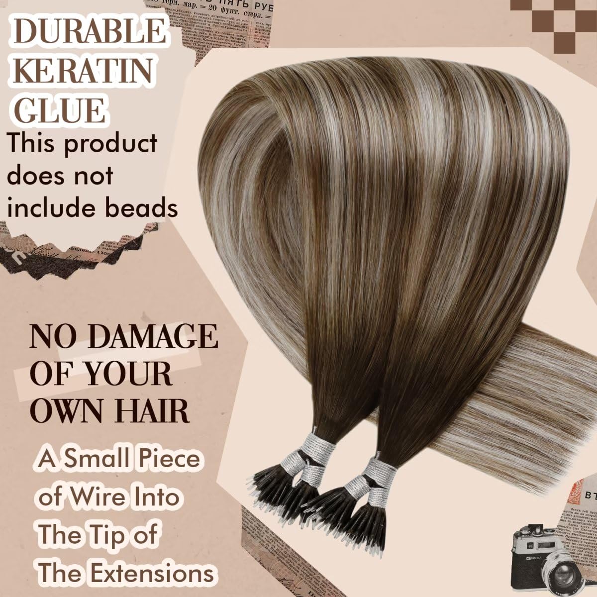 Hetto Nano Hair Extensions Human Hair Brown Nano Bead Hair Extensions Darker Brown To Light Brown With Medium Blonde Nano Link H