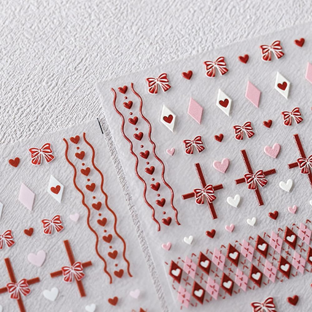 Valentine'S Day Nail Art Stickers Decals 5D Embossed Nail Decals Red Love Heart Bow Rhombus Love Heart Design Valentines Nail Ad
