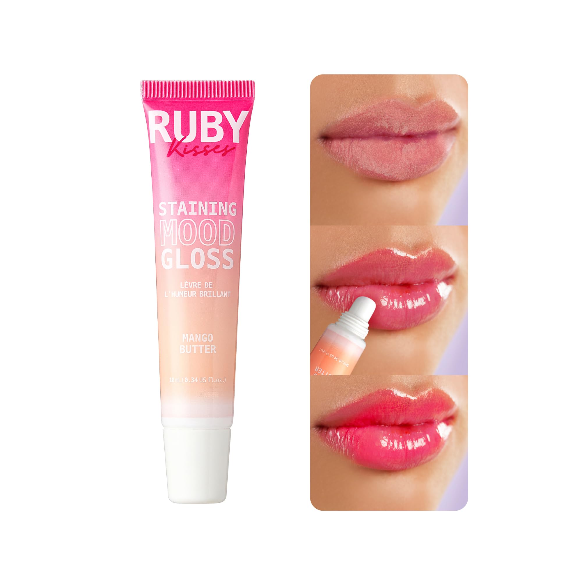 Ruby Kisses Staining Mood Lip Gloss, Mango Butter Infused for Hydration, PHActivated Hue Change, Lightweight Feel, NonSticky S