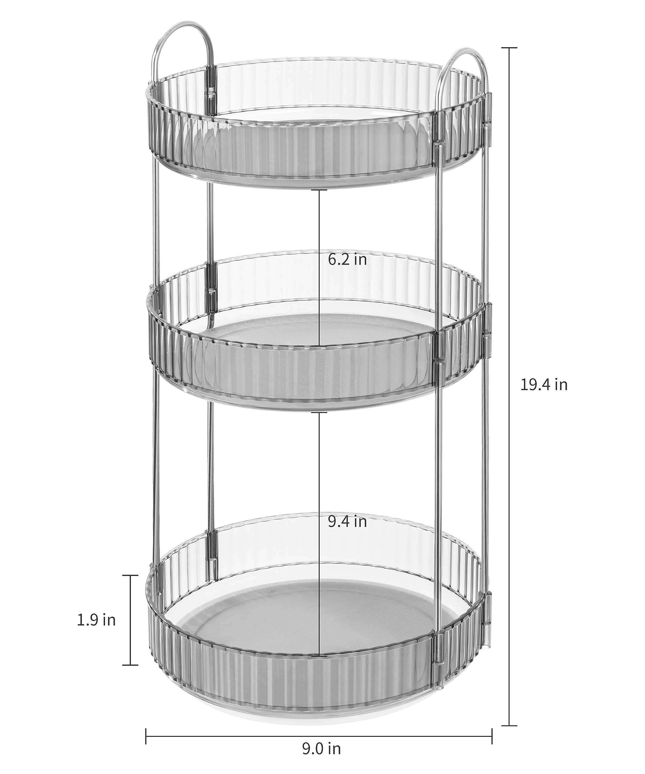 Vorey 360 Rotating Makeup Organizer Clear Gray 3 Tier Bathroom Organizer Spinning Perfume Organizers, Skincare Organizers Dresse