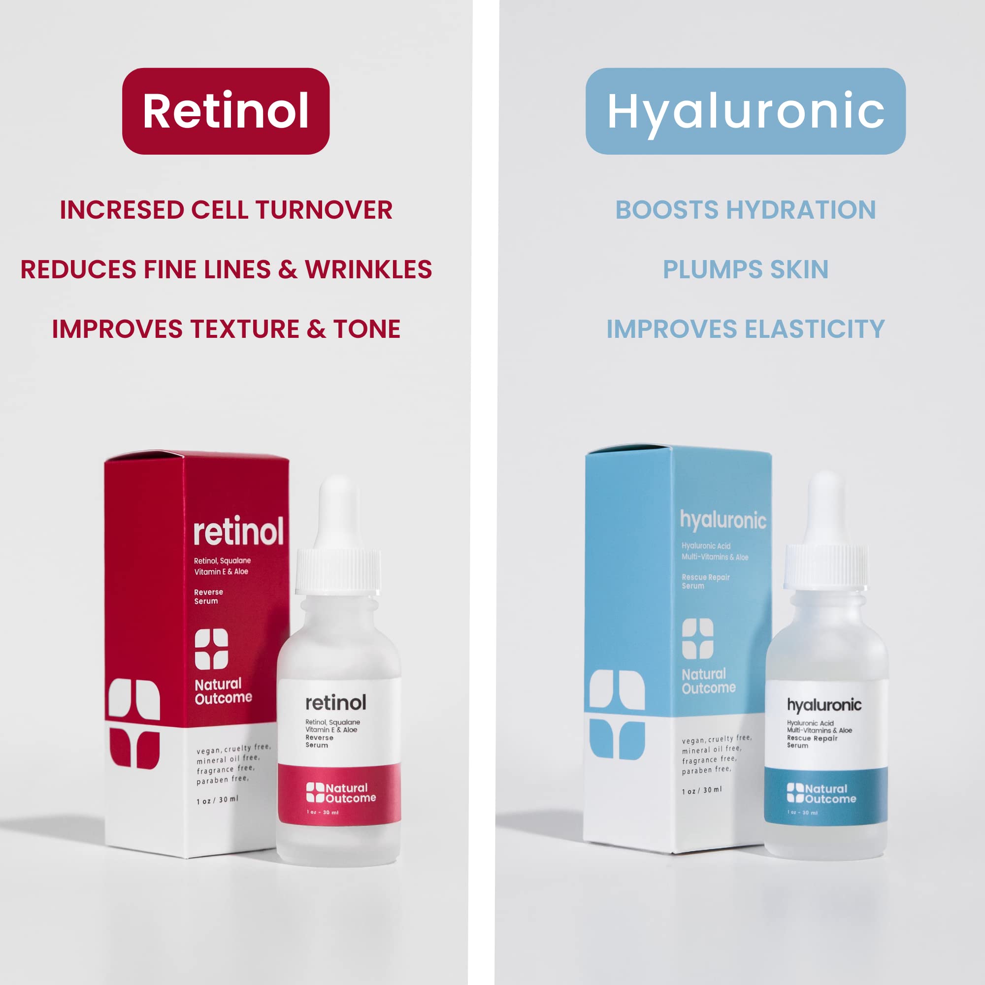 Natural Outcome Hydrating Hyaluronic Acid Serum and Retinol Facial Serum - Night and Day Anti Aging Facial Serum Set 1 oz Each,