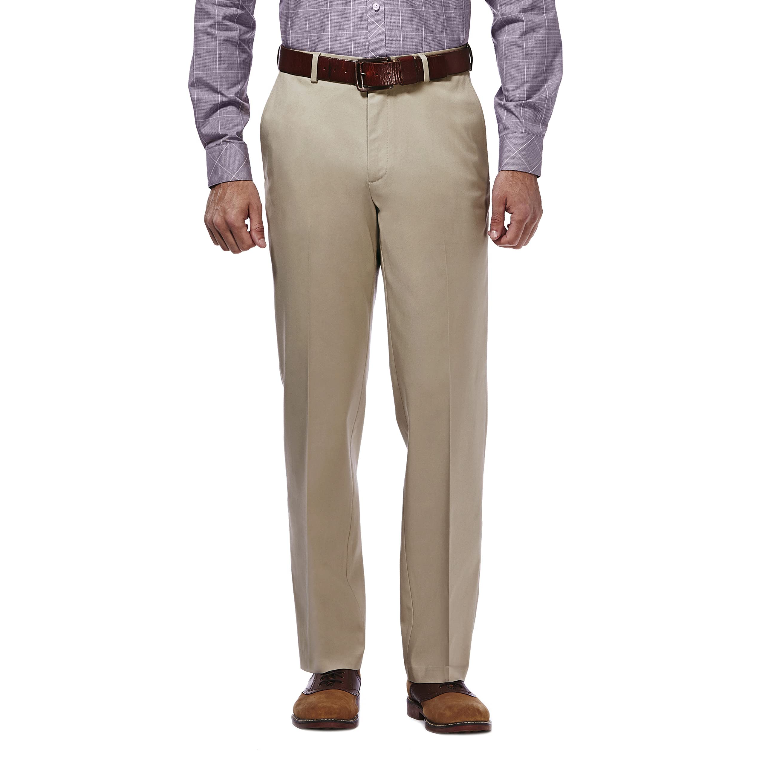 Haggar Mens classic Fit Flat-Front Hidden Expandable Waistband Premium No Iron Khaki, 36W x 32L - British Khaki