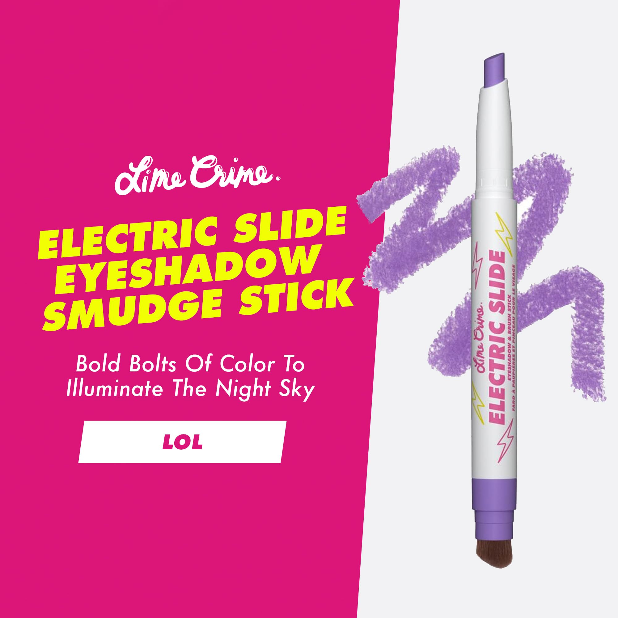 Lime Crime Electric Slide Eyeshadow & Brush Stick, LOL (Metallic Lavender) - Lightweight 2-in-1 Eyeshadow Smudge Stick with Angl