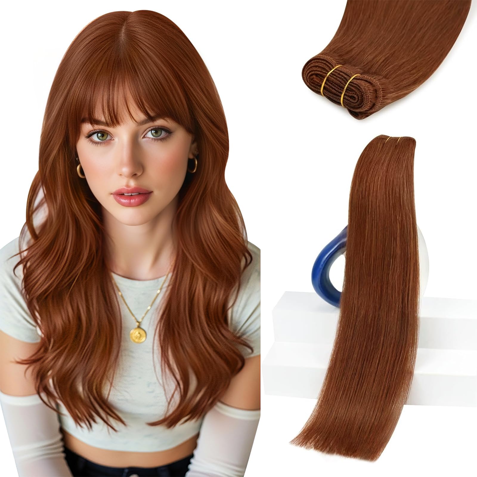 Sunny Hair Sew in Hair Extensions Real Human Hair 16 Inch Warm Copper Red Brown Hand-Tied Bundles Soft Silky Hair for Women Inst