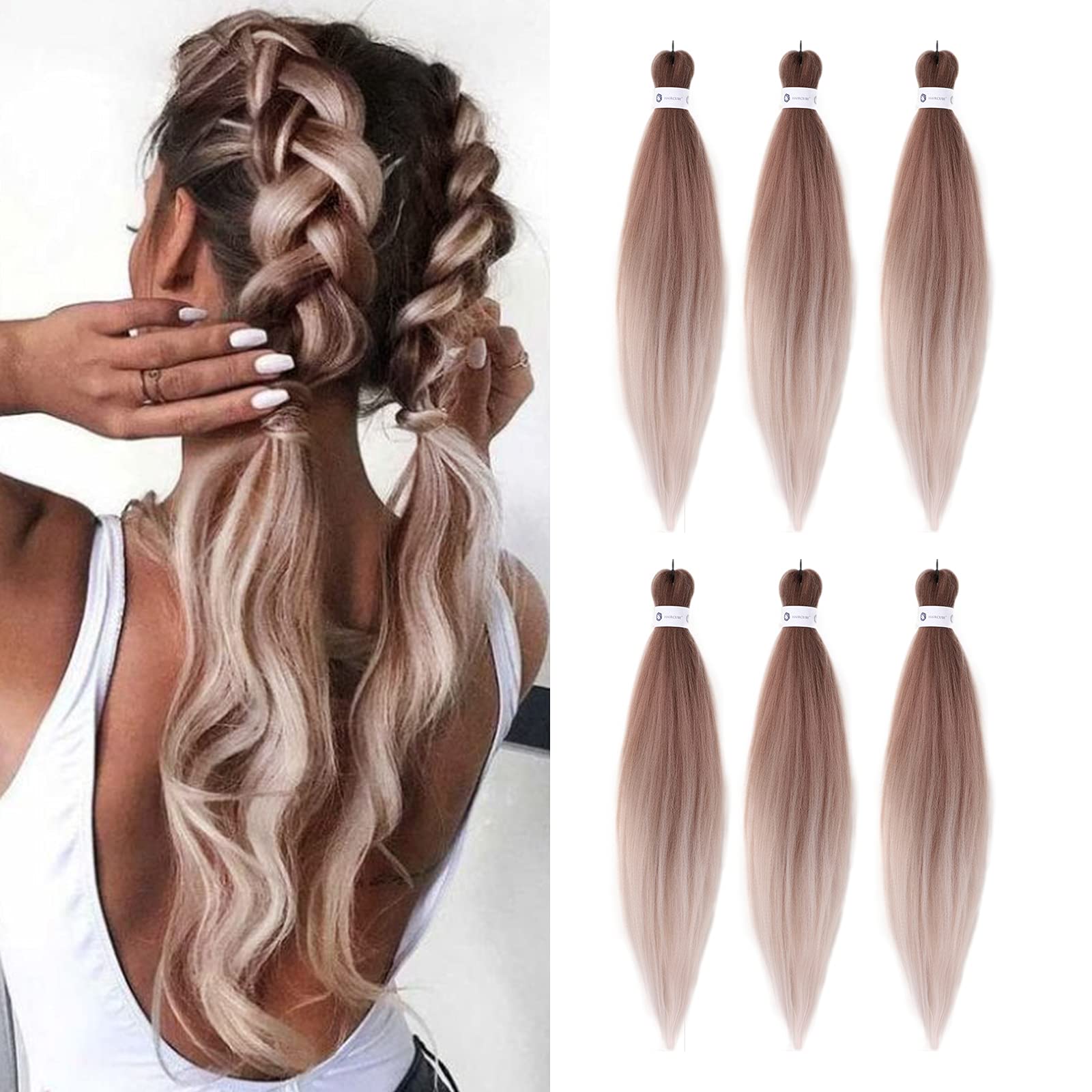 Pre-Stretched Braiding Hair Extensions 26 Inch 6 Packs Ombre Braiding Hair Hot Water Setting Professional Soft Yaki Synthetic Cr