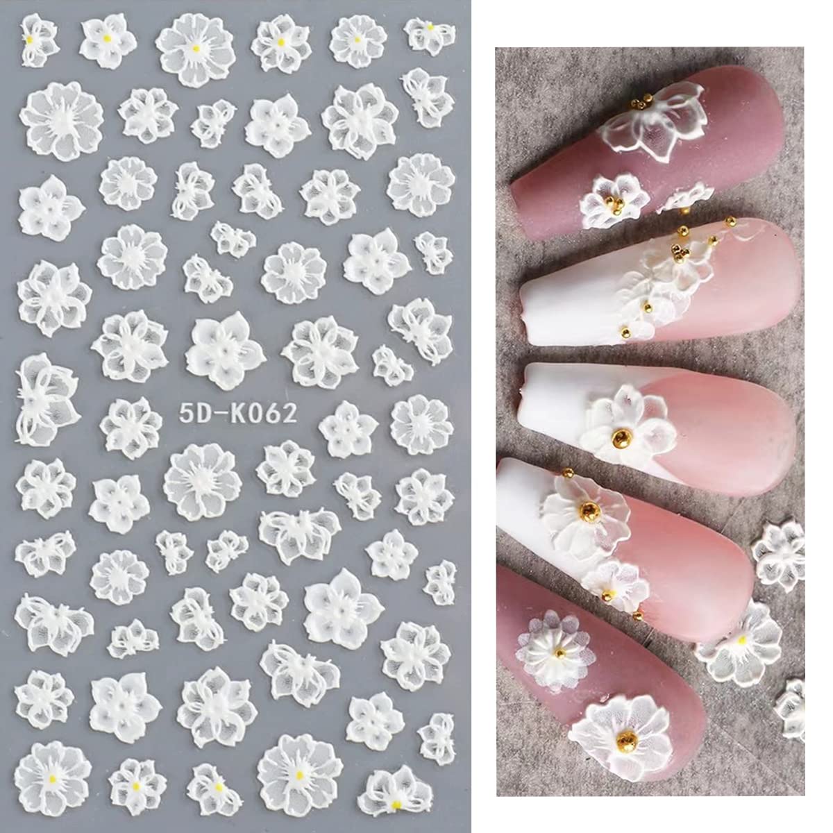 5D Embossed Flower Nail Art Stickers, 6 Sheets Self-Adhesive Nail Sticker Decals,Luxury Hollow Exquisite Pattern Spring Daisy Le