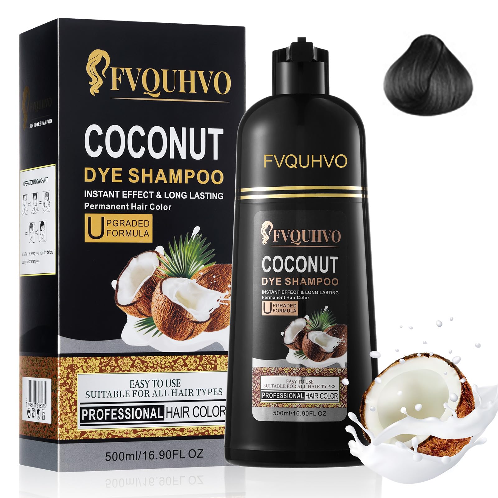 Fvquhvo Black Hair Dye Shampoo, Hair Color Shampoo for Gray Hair, Instant Black Hair Shampoo, Champu Para Canas, Shampoo Hair Dy