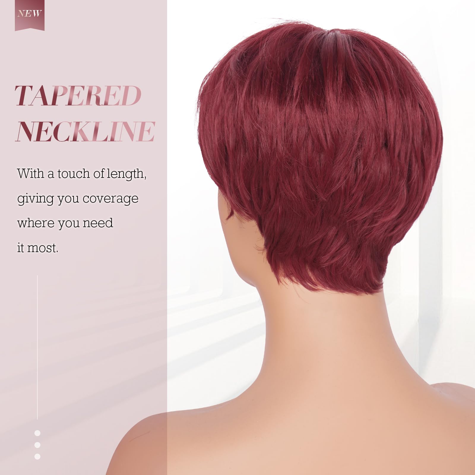 Feshfen Pixie Cut Wigs Synthetic Short Burgundy Pixie Haircut Wig With Bangs Glueless Layered Wig Wavy Wigs For Women