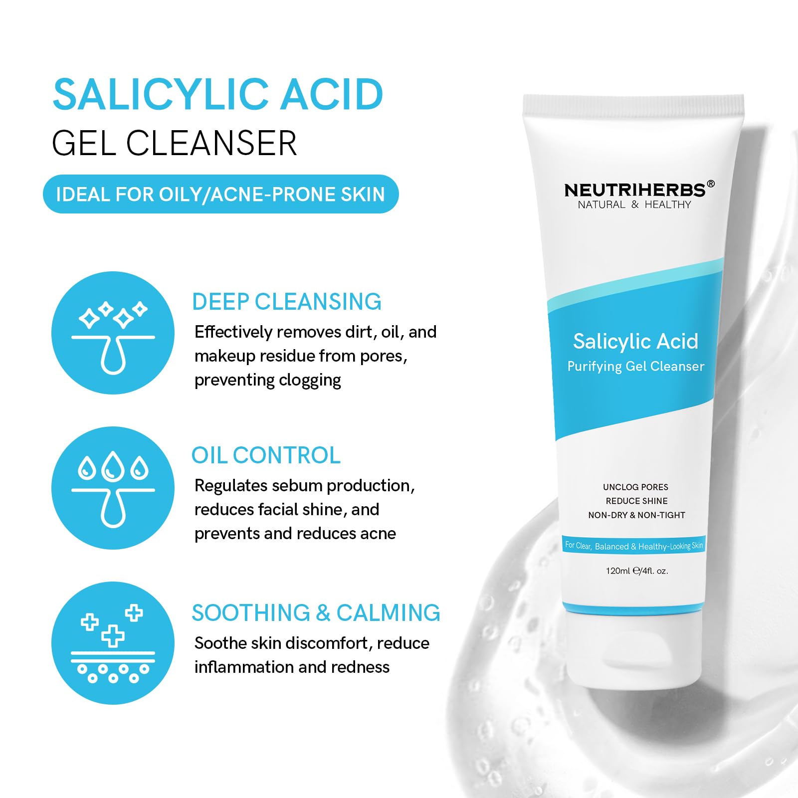 Neutriherbs Salicylic Acid Gel Cleanser, Acne Prone Oil Control Face Wash, Unclog Pore, Remove Blackhead Facial Wash - 4oz