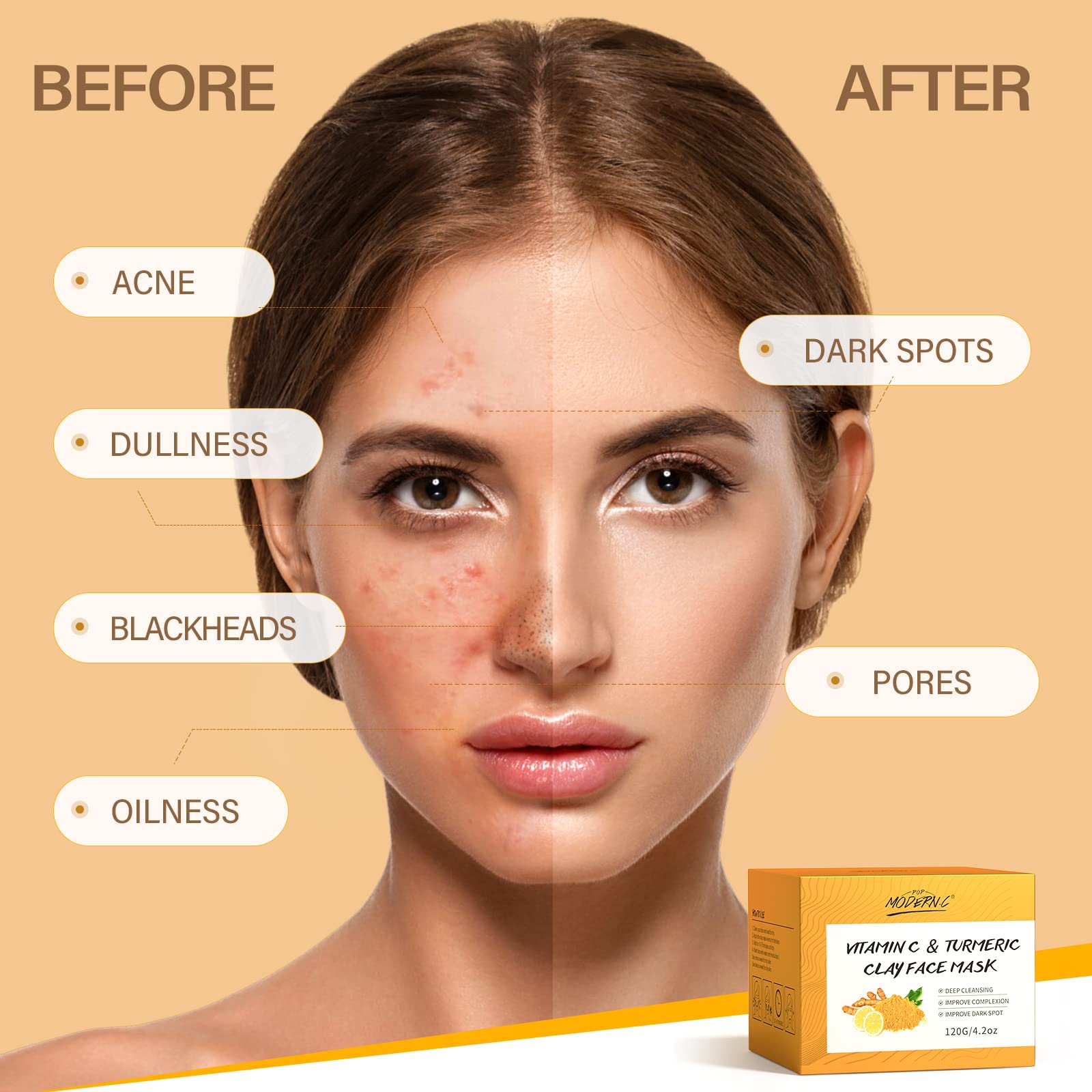 POP MODERN.C Turmeric Vitamin C Clay Mask Deep Cleansing Face Mask Skin Care Improve Blackheads Acne Dark Spots and Even out ski