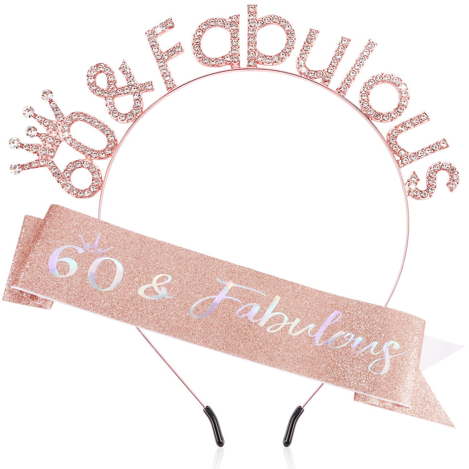 Atoden 60th Birthday Decorations for Woman - Fabulous Sash, Headband, Tiara Crown - 60 Year Old Gifts for Women - Rose Gold Acce