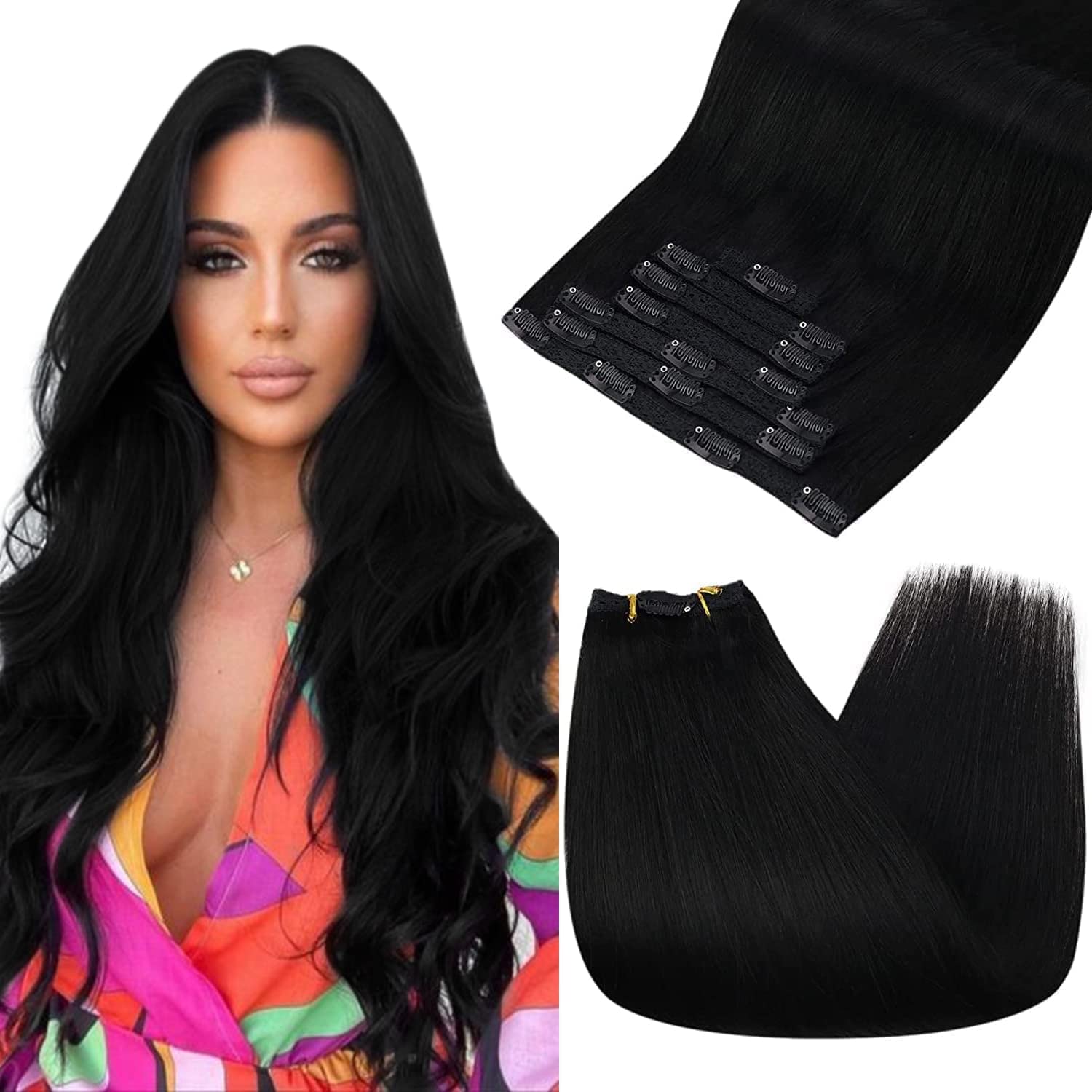 Ugeat 14 Inch Clip In Hair Extensions Real Human Hair #1 Jet Black Double Weft With Lace Human Hair Extensions Clip Ins 8 Pieces