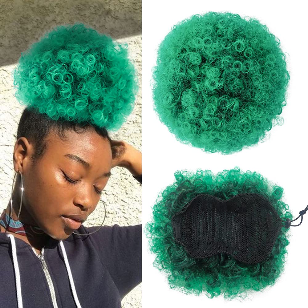 Yinmei Baibian Ombre Green Afro Puff Drawstring Ponytail Extension Kinky Curly High Puffs Bun Hairpiece Synthetic Short Updo Cli