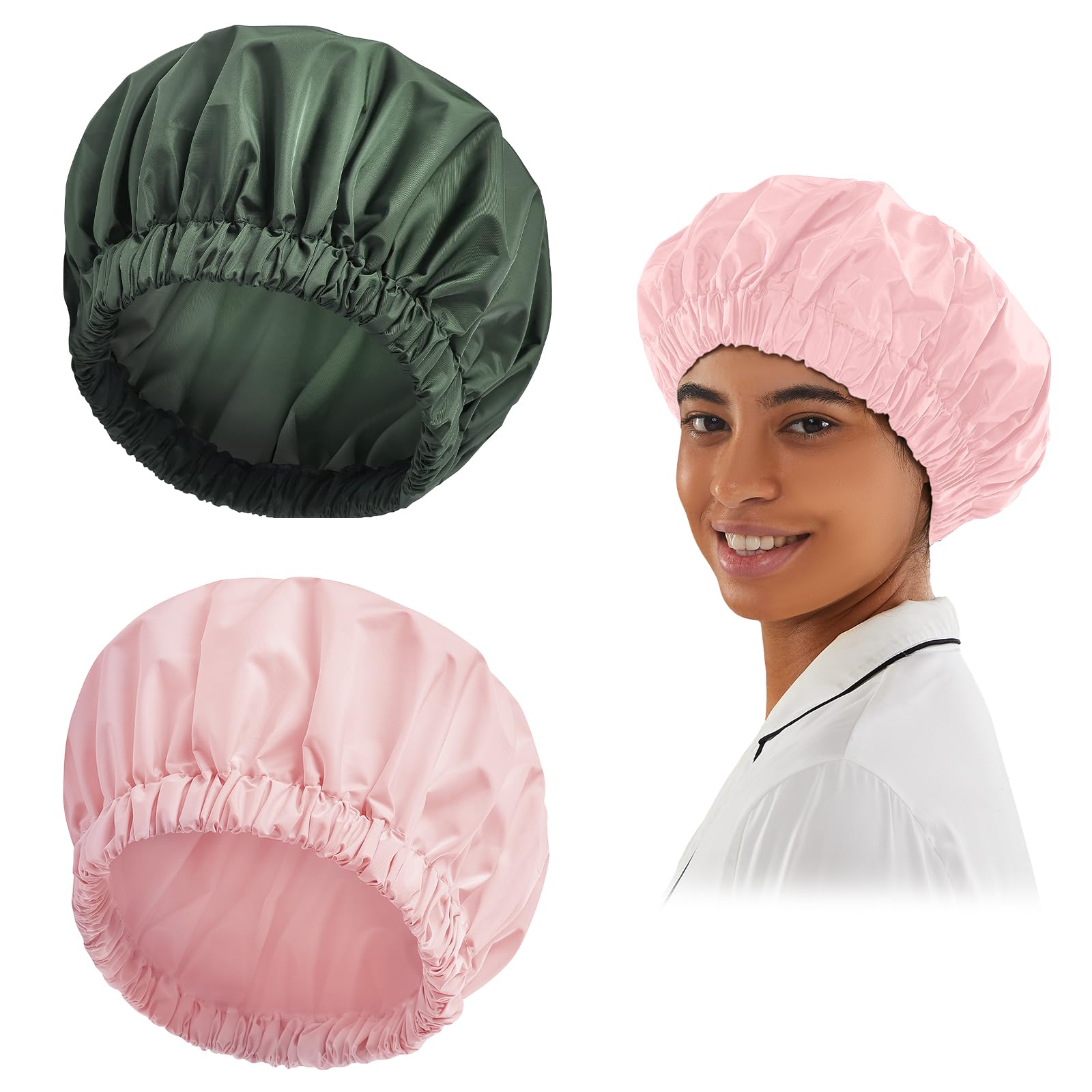 Reusable Shower Cap For Women, Large Waterproof Shower Bonnet Washable Elastic Band Bath Hair Hat For Long Hair, Braids(Pink&Gre