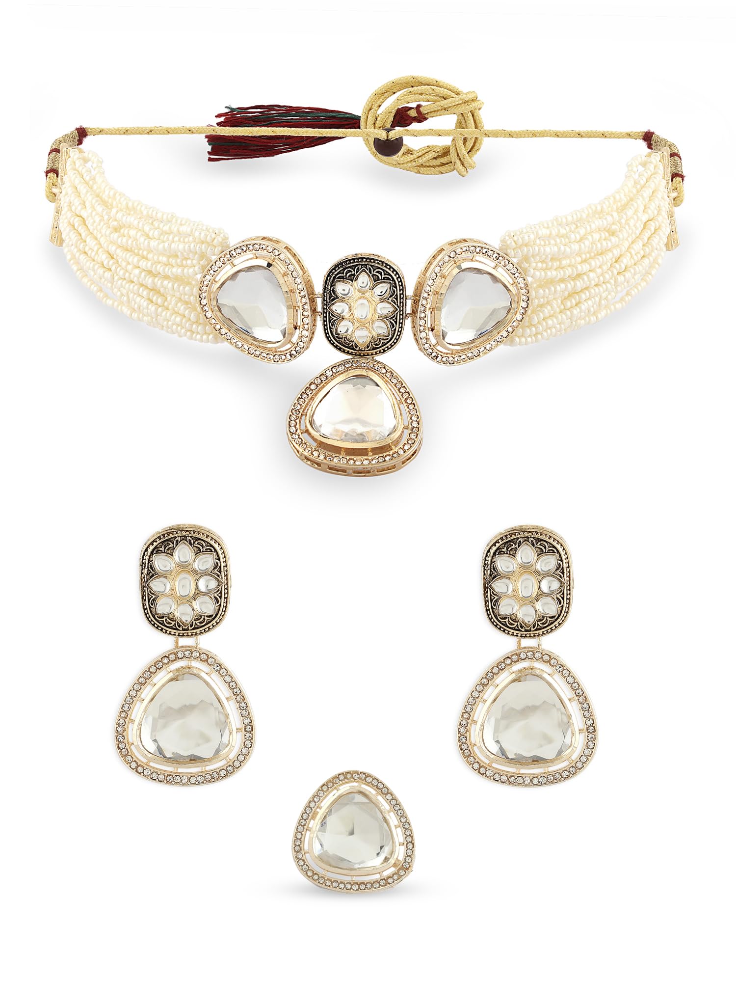 Zaveri Pearls Gold Tone Dazzling Stones & Austrian Diamonds Choker Necklace Earring & Ring Set For WomenZpfk16768