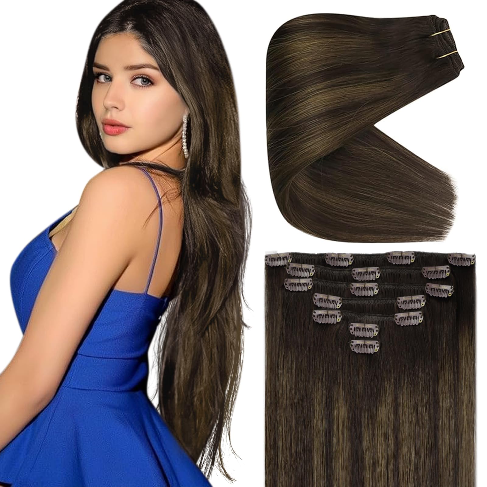 Ve Sunny Clip in Hair Extensions Dark Brown 24inch Balayage Clip on Hair Extensions Human Hair Brown Ombre Real Hair Clip in Ext
