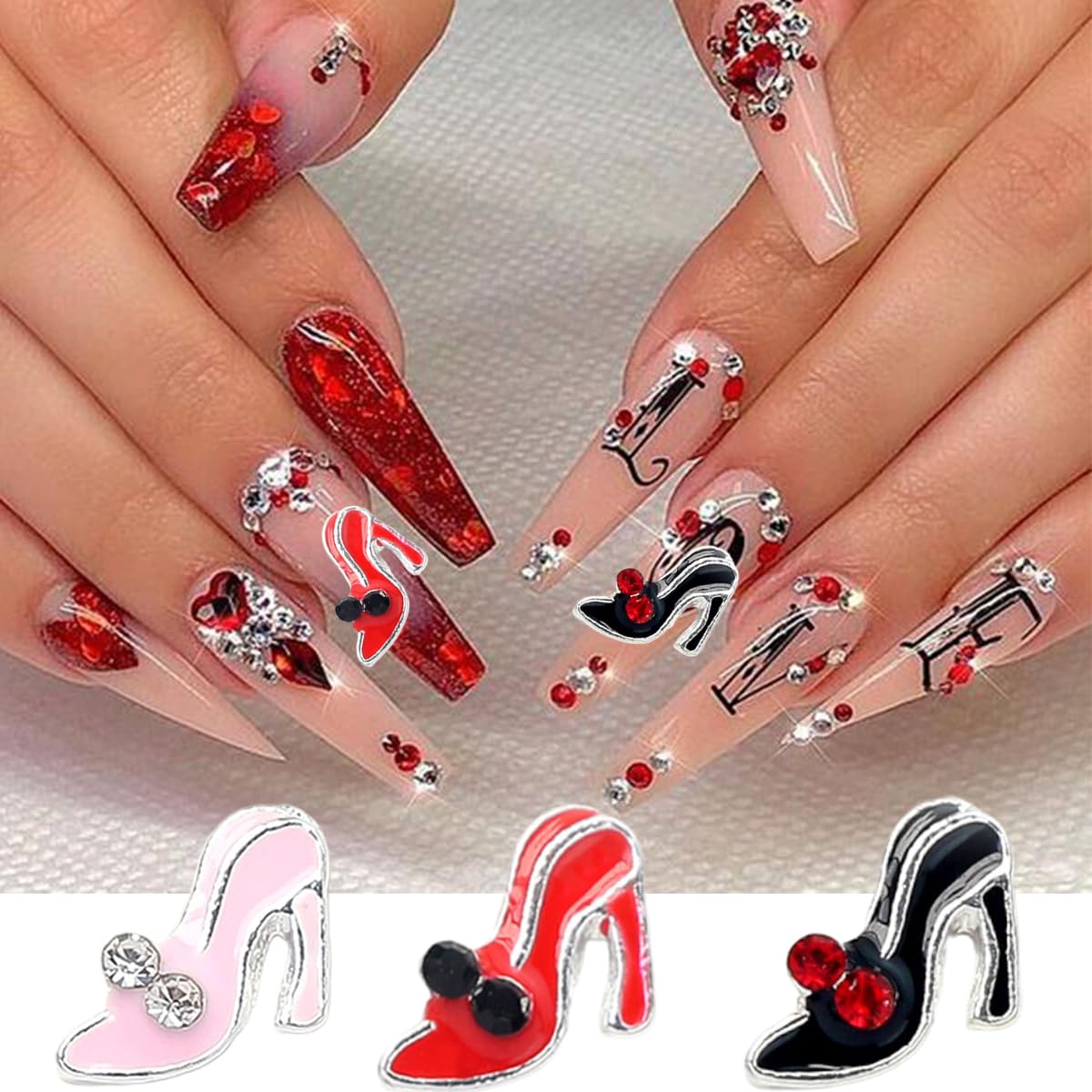 15Pcs Valentines Day Nail Charms Alloy High Heels Nail Art Charms With Glitter Nail Rhinestones Black Pink Red High Heel Shoes C