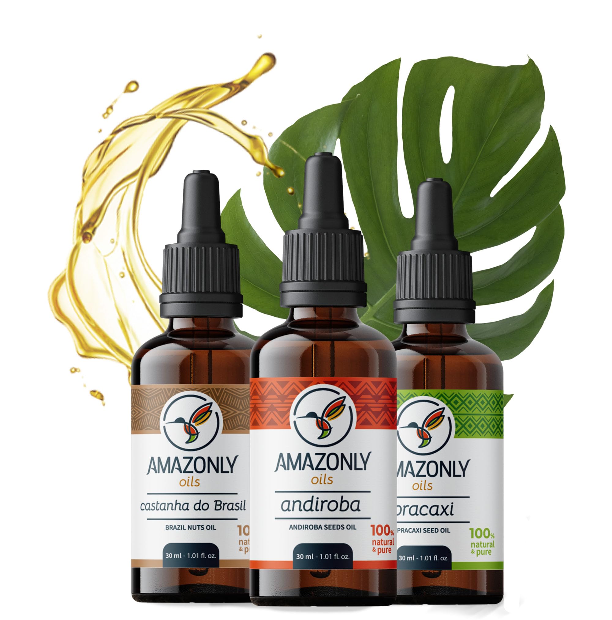 AMAZONLY Botanic Bliss Collection - Brazil Nut, Andiroba & Pracaxi Amazonian Vegetable Oil for Hair and Skin - Pack of 3 - (1.01
