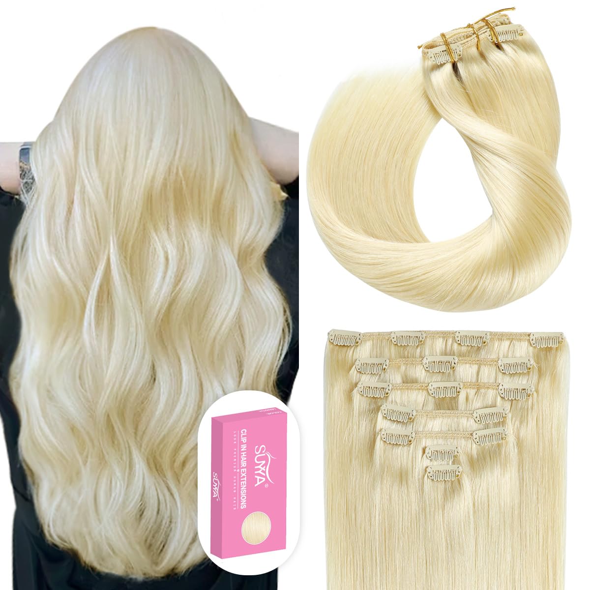 SUYYA Clip in Hair Extensions Real Human Hair 14 inch 110g 7pcs Platinum Blonde Hair Extensions Real Human Hair Clip ins Silky S
