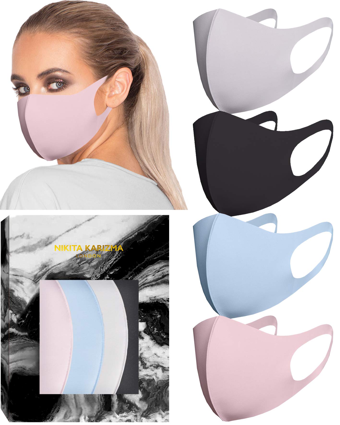 KARIZMA Styling Essentials Cloth Face Mask. 4 Buttery Soft Masks Washable Fabric. (Classic) Pink, Soft Grey, Blue and Black Face