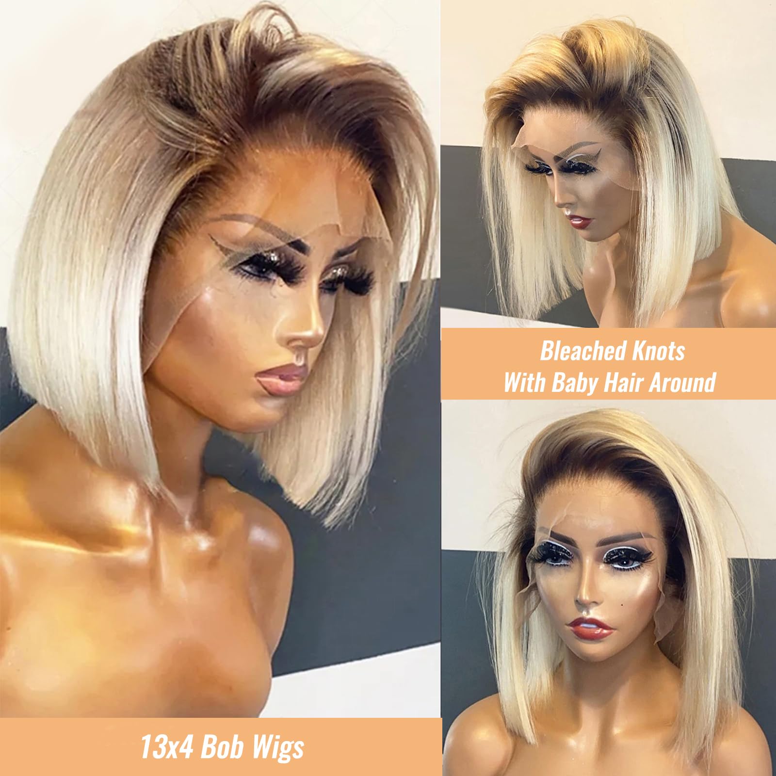 Munx Glueless Bob Wig Human Hair For Black Women 13X4 Hd Frontal Lace Wig 180% Density Ombre Dark Roots Blonde Pre Plucked Lace