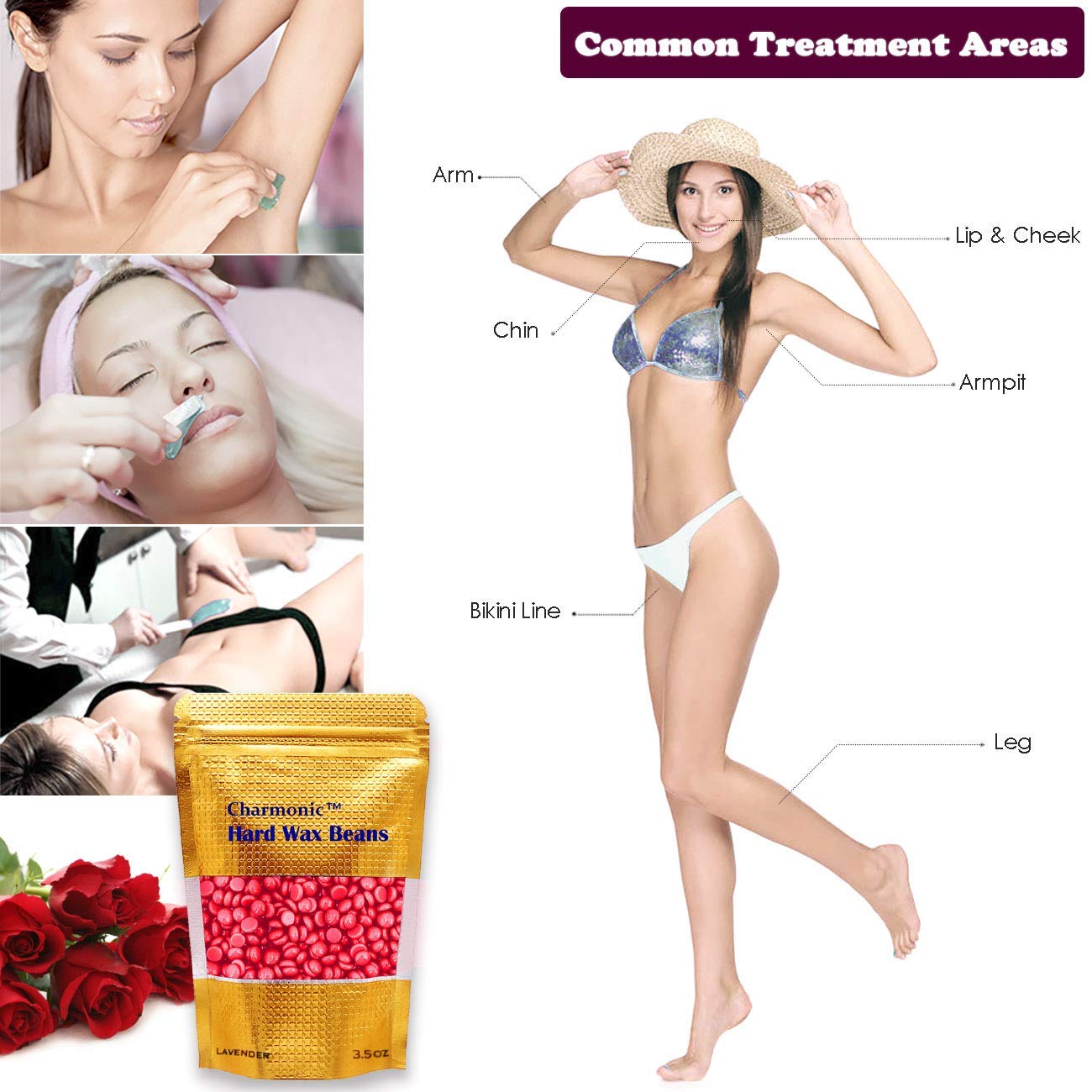Charmonic Depilatory Wax, 17.5 Oz Hard Body Wax Beans For Women Men, Hair Removal European Beads 500G/1.1 Lb (Rose)