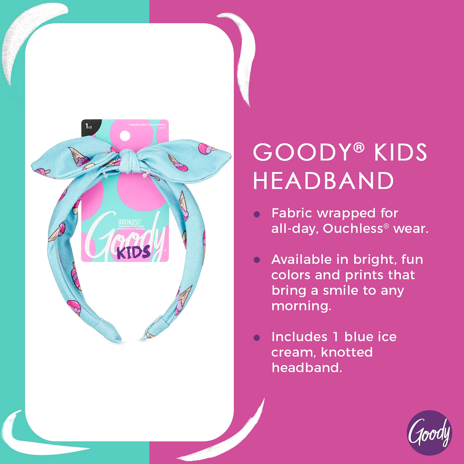 GOODY Kids Headband - Ice Cream Print - Comfort Fit for All Day Wear - For All Hair Types - Hair Accessories for Girls to Keep Y