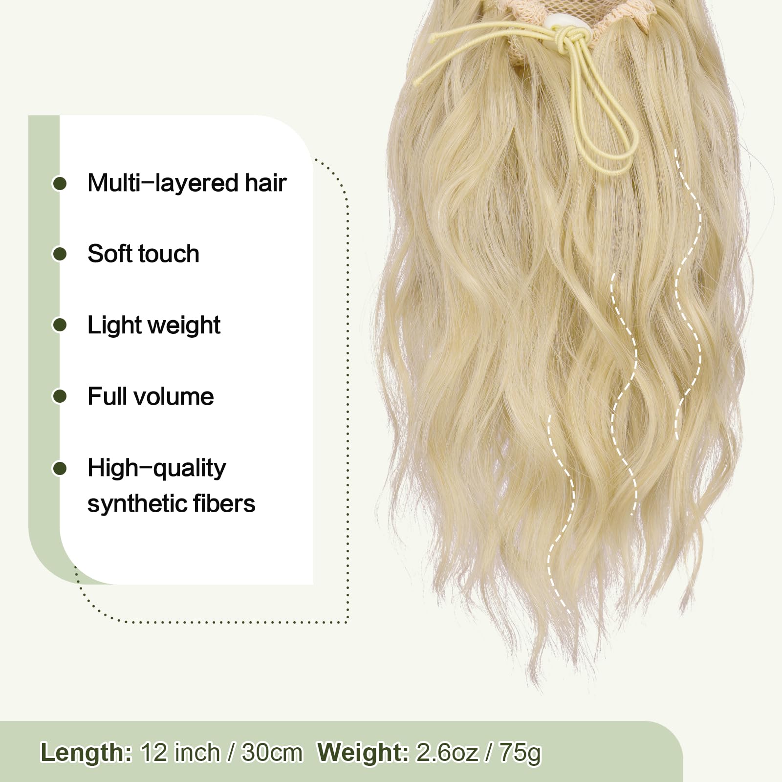 Feshfen Ponytail Extensions, Drawstring Ponytails Hair Extension Ash Blonde Short Curly Wavy Hair Piece Synthetic Blonde Pony Ta