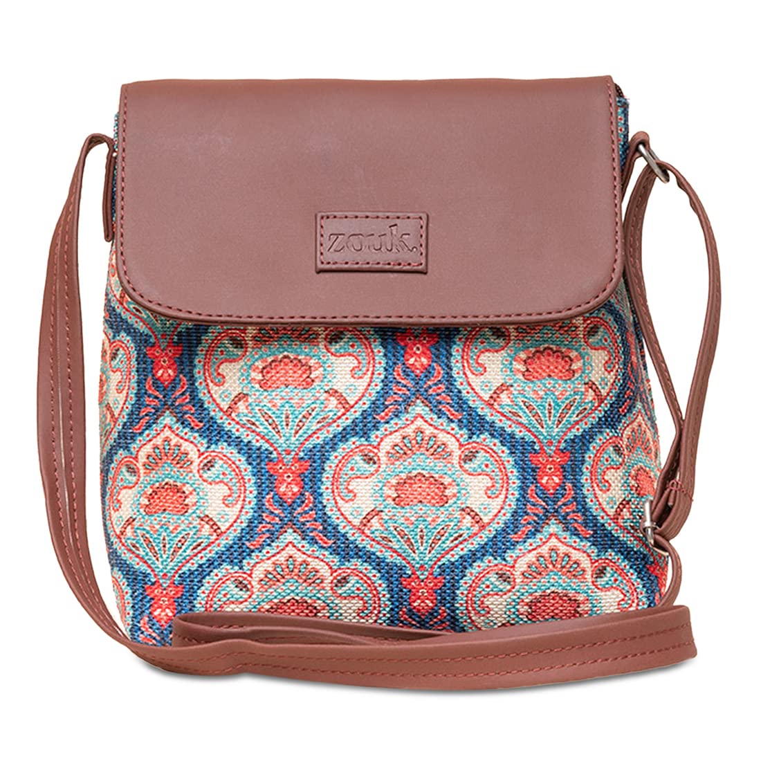 ZOUK Kovil Blue Motif Printed Womens Hand Crafted Vegan Leather Blue Flap Sling Bag