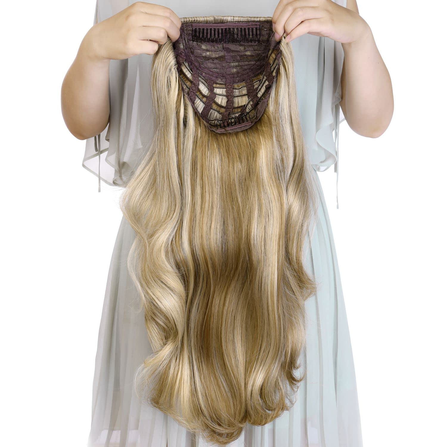 24'' Long Straight Wavy Clip in Half Head Tied Wig Blonde Synthetic Hair Extensions For Women 210g 8-22#
