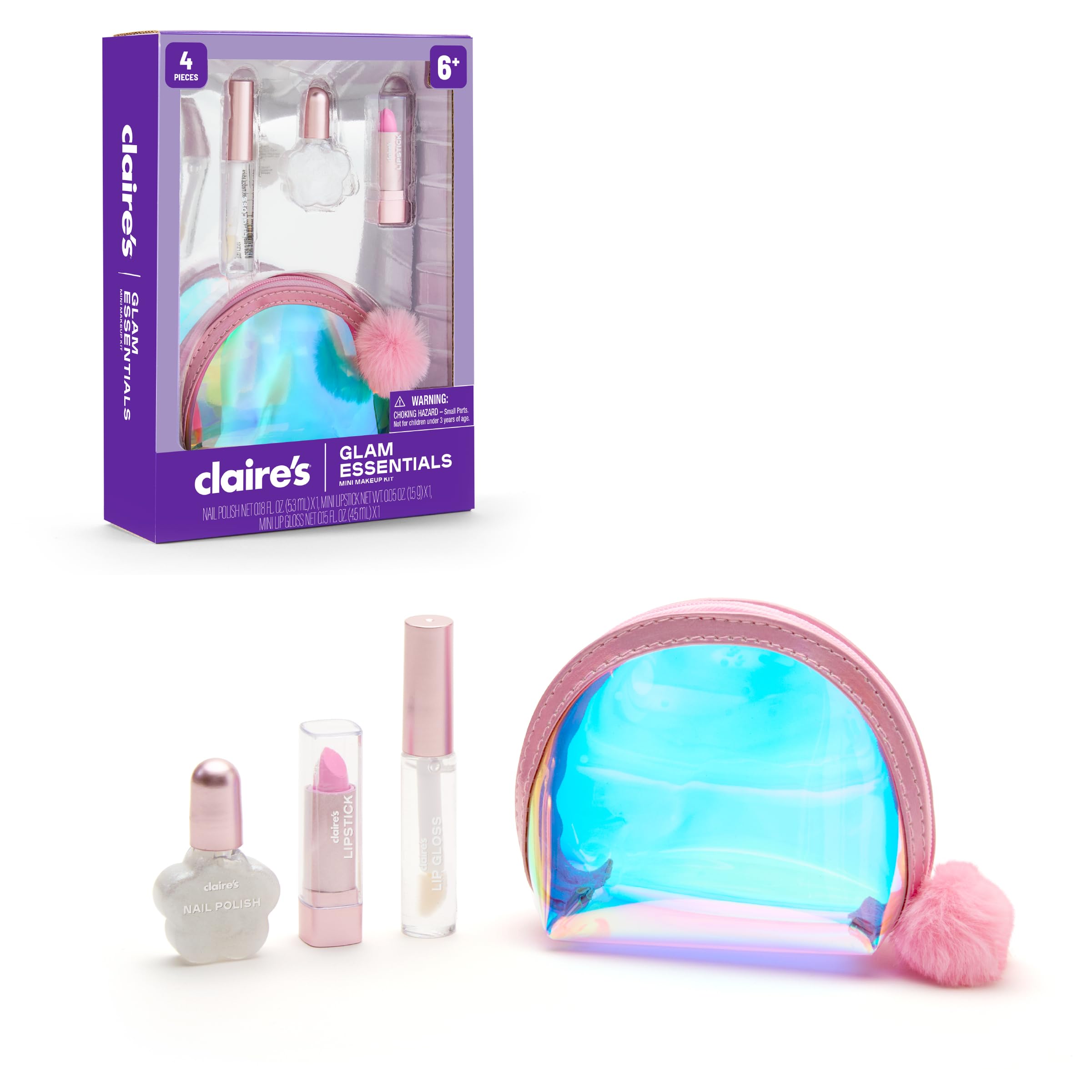 Claires Glam Essentials Kids Makeup Kit, 4Piece Real Cosmetic Set with Mini Pouch, Lip Gloss, Lipstick & Nail Polish, Pretend 