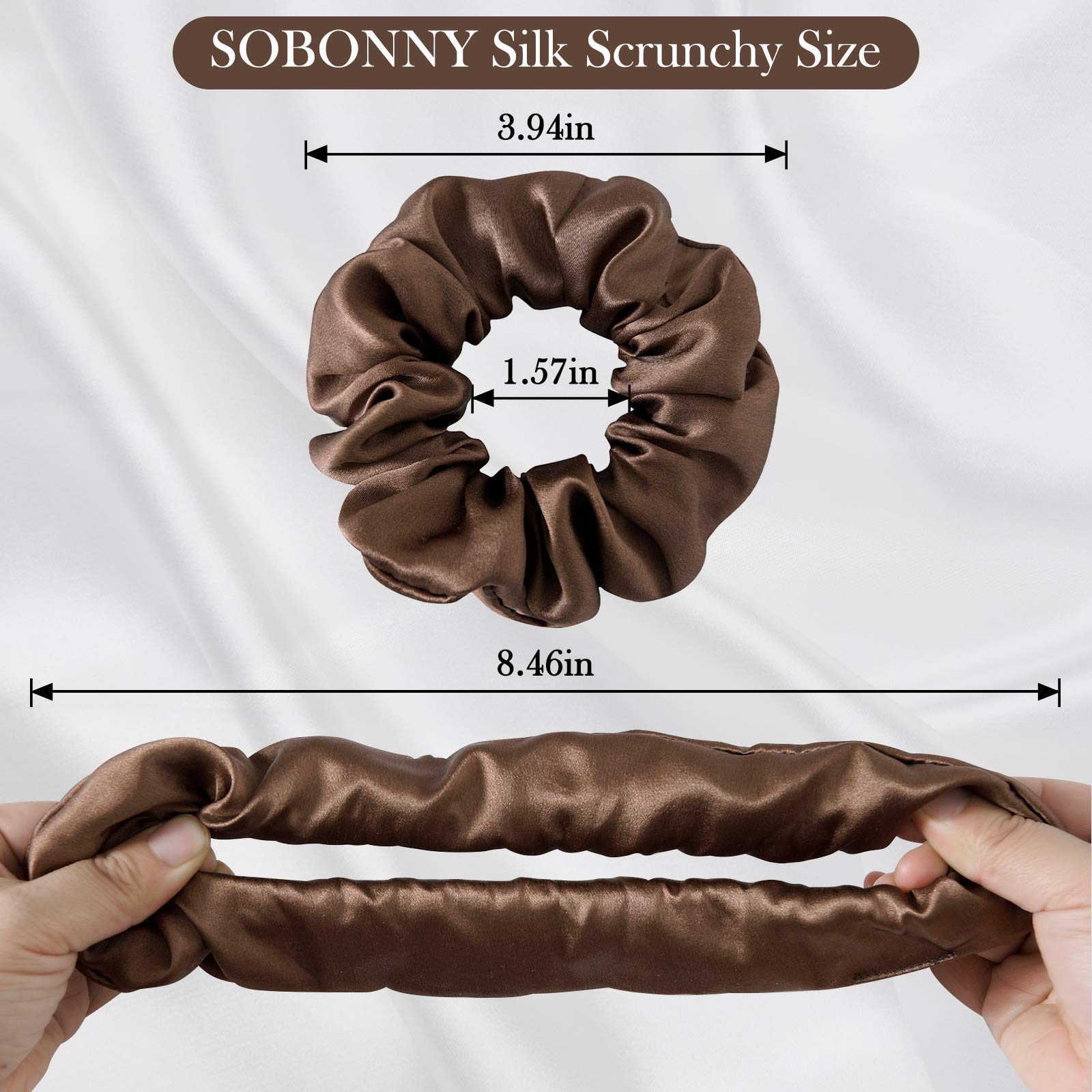 SOBONNY Silk Scrunchies for Women - 100% Mulberry Silk Hair Ties, 3 Pack, No Damage Elastic Ponytail Holders (Brown, Black, Pink