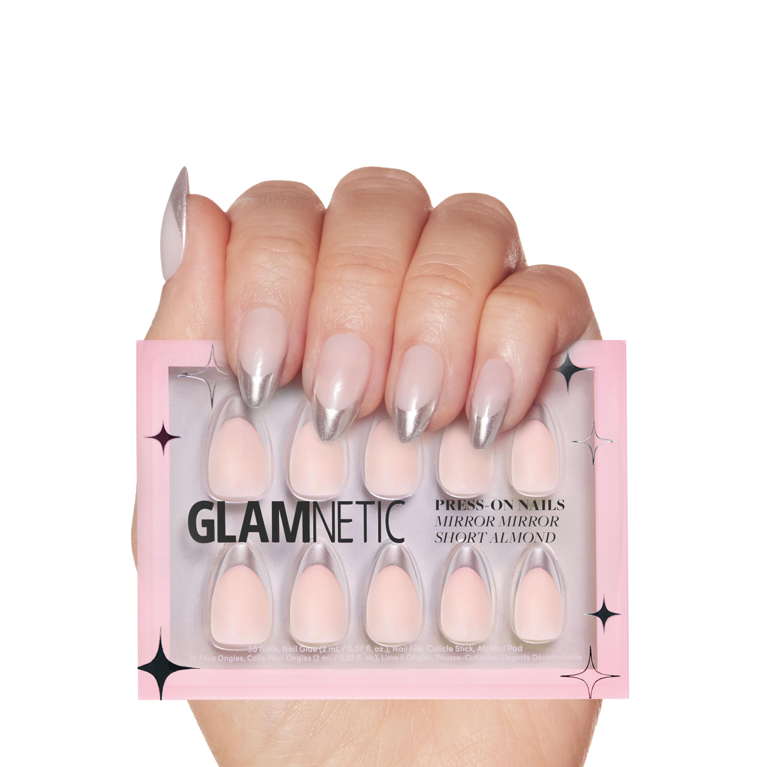 Glamnetic Press On Nails - Mirror Mirror | Trendy Short Almond Nails with Metallic Chrome Silver French Tips | 15 Sizes - 30 Nai
